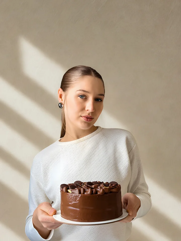 Emili Zaremba segurando um bolo de chocolate
