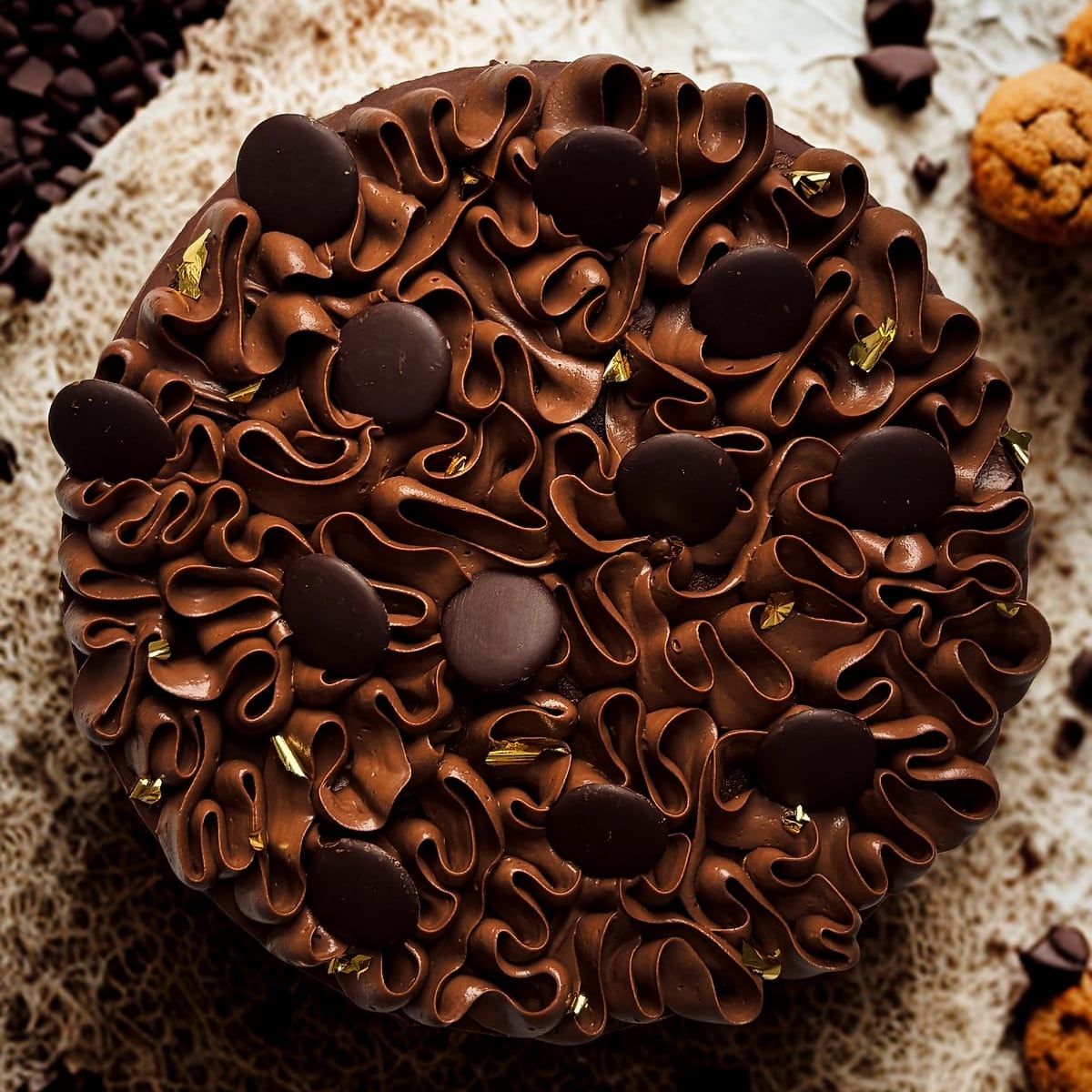 O Bolo de Café pronto visto de cima: ganache de café em babados, discos de chocolate e folhas de ouro